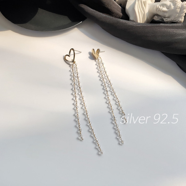 (silver 92.5) 하트 구슬체인 드롭 귀걸이